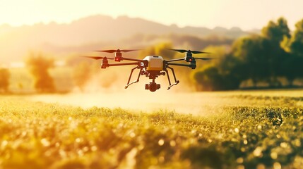 Aufkleber - Agriculture drone fly to sprayed fertilizer on the  fields smart farmer use drone for various fields like research analysis terrain scanning technology smart technology concept : Generative AI