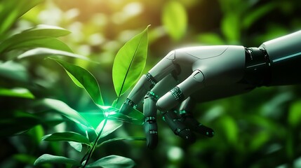 Aufkleber - smart agriculture futuristic industry 40 technology concept cyborg hand put to touch hand with green leaves with hud technology including artificial intelligence 5g to analysis data of : Generative AI