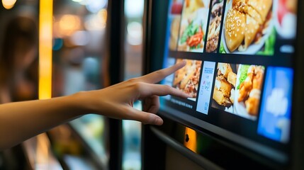 Selective focus to customers hand is touching a touch screen to order food and pay electronically : Generative AI
