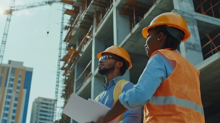 Aufkleber - Engineering construction site and team outdoor for building project planning and architecture Black woman and men contractor together for development and safety assessment discussion i : Generative AI