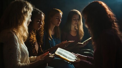 Wall Mural - Group of different women praying together Christians and Bible study concept : Generative AI