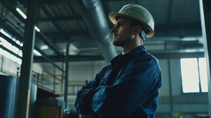 Poster - Professional Caucasian manager engineer wearing safety hardhat is training industry worker workshop factory operator mechanical engineering team production in heavy industrial manufact : Generative AI