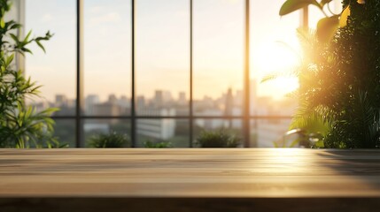 Poster - Blur background of office interior with large windows with city urban view plants and wooden desks at sunset Modern workplace and urban greenery concept Design for poster wallpaper Spa : Generative AI