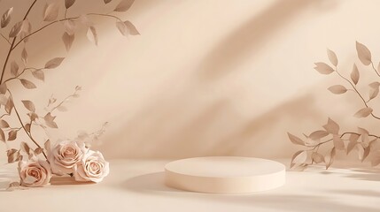 Aufkleber - Abstract minimal nature scene  empty stage and square podium on beige background and soft shadows of rose flowers and leaves Pedestal for cosmetic product and packaging mockups display : Generative AI