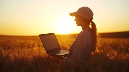 Poster - A woman businessman with a laptop in her hands works in wheat field communicates and checks the harvest woman farmer at sunset with computer girl agronomist works Agricultural business : Generative AI