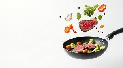 Sticker - Fresh vegetables with steak flying into a pan isolated on white background : Generative AI