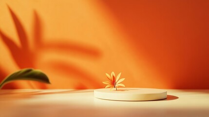 Fototapete - Orange Background Summer Shadow Flower Spring Light Table Product Beauty Cosmetic Abstract Red Studio 3d Bg Yellow Gradient Two Tone Warm Bright Color Blur Wallpaper Modern Podium Back : Generative AI