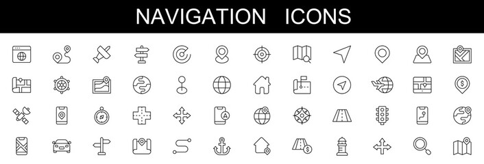 Navigation line icons location, GPS, editable stroke icons, vector illustration on white background . map pointer, map, route, compass and more