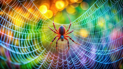 Whimsical spider weaving a vibrant web, spider, talented, whimsical, creative, colorful, web, insect, arachnid, intricate, pattern