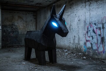 Wall Mural - Mysterious black origami animal sculpture in abandoned building