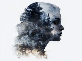 Sticker - double exposure of a woman's face with forest scenery