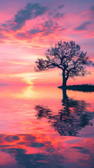 Wall Mural - Serene Lakeside Sunset with Silhouetted Tree: Perfect Template for Nature and Travel Enthusiasts