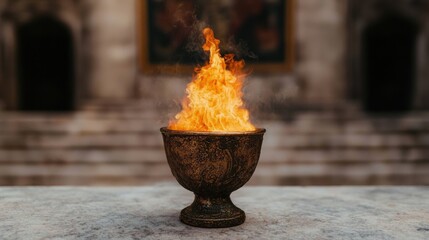 Poster - Flickering flame in ornate bronze chalice