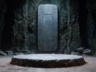 Poster - ancient stone monolith in dark cave