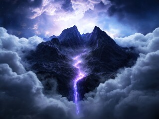 Sticker - Majestic mountain landscape with dramatic clouds and lightning