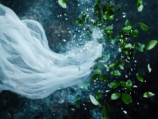 Canvas Print - Ethereal nature scene with flowing fabric and water droplets