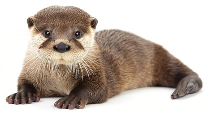 Close up of an otter in front view on white background