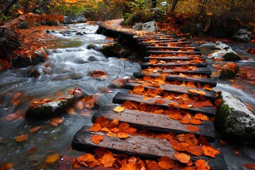 Close-up wooden footbridge over flowing stream in autumn forest, bright orange leaves scatter bridge surrounding area, contrasting with flowing water, captures vibrant, dynamic beauty autumn.