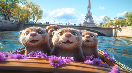 3 happy otters in the front of a boat, Paris background with the Eiffel tower and a bridge