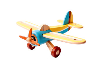 wooden toy airplane close up on white background