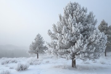 A snow covered tree stands in a field with a foggy sky in the background