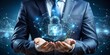 © Luckystation - Cyber security and data protection. Businessman holding padlock protecting business data with virtual network connection