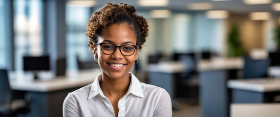 portrait of a 24 year old african american woman with glasses and a casual white shirt smiling again