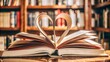 © Ranadhie - Book with open page of literature in heart shape and stack piles of textbooks on reading desk in library