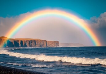 Wall Mural - A brilliant rainbow arching over a coastal landscape, with waves crashing on the shore and cliffs in the distance, capturing the harmony of nature