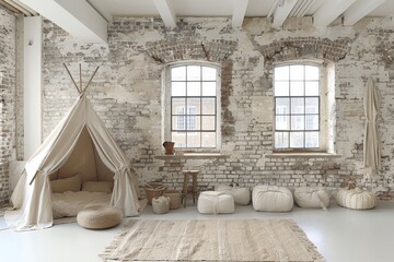 Poster - Minimalist loft with rustic stone walls and modern furnishings blending historic charm with contemporary luxury