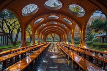 Wall Mural - Long corridor with organic wooden arches and vibrant natural lighting leading through a modern botanical garden