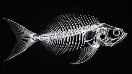 The outline of the fish skeleton, white lines on a black background