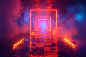 A mesmerizing 3D-rendered abstract technology background immerses viewers in a virtual reality environment, featuring neon lights, a square esoteric portal, tunnel, and corridor, all set against an u