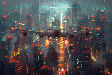 A dynamic mixed media abstract background featuring an airplane soaring through a futuristic cityscape, with sleek buildings and vibrant lights creating a captivating technological atmosphere