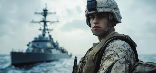 Soldier Standing Guard by Navy Warship During Overcast Ocean Conditions at Dusk