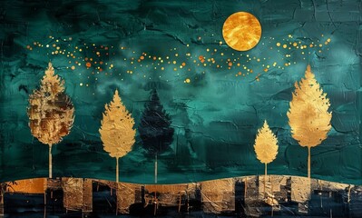 Golden trees on green and black sky background. Modern canvas art, Generative AI 