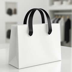 Wall Mural - Generate an image of a white paper shopping bag with black ribbon handles, placed on a white surface. The bag is medium in size, with defined edges and a rectangular shape. 