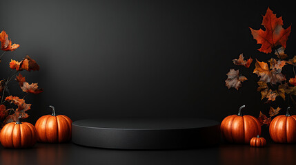 Wall Mural - Minimalist black background for product display with podium and Halloween decorations