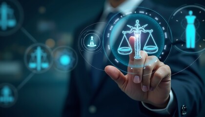 Justice and laws concept. Tech Background Network Abstract Connection, Compliance, regulation, standard and business policy. businessman touching law technology symbol on virtual screen.