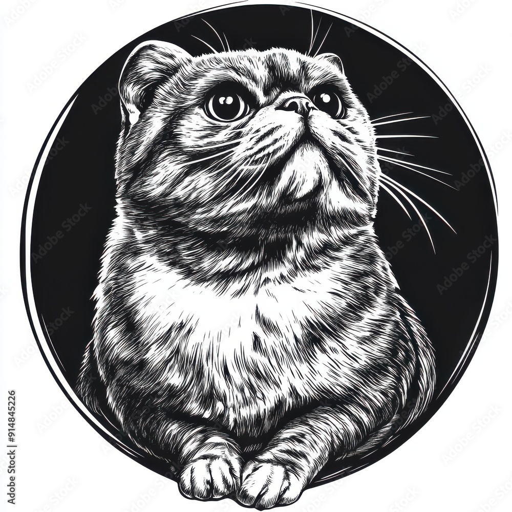 Black and white Vintage engraved art of a Scottish Fold cat in a ...