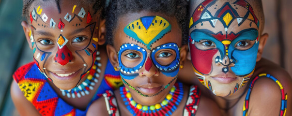 Adults and children wearing red, white, and blue face paint, Independence Day, festive spirit, Ndebele Geometric Patterns Styles