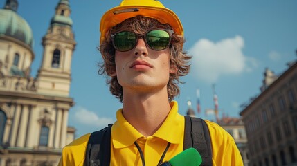 tour guide with microphone, walking city tour background