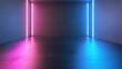 © Emqan - Abstract neon background with glowing blue and pink lines on dark wet floor.