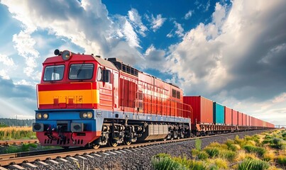 Wall Mural - long  freight train traveling on rails against the background of a summer landscape. Freight transportation, delivery and logistics concept.