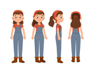 female farmer constructor. girl in overall. kit for creating cartoons. pack of character in various 