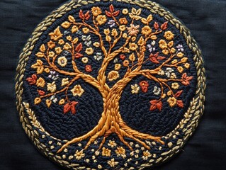 Lush and Intricate Tree of Life Embroidered Digital Artwork with Detailed Branches Roots and Meaningful Designs  Symbolic Nature and Organic Textures