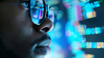 A close-up of a face and glasses of an IT professional with a double exposure showing code lines on a screen in the background, focusing on his facial expression as he looks at digital data.
