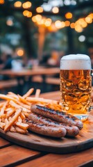 Glow of Bavarian Beer Festival: Delicious Roast Sausages with Fries and a Foaming Beer Stein on a Wooden Table Amidst Warm Night Lights and Festive Vibe