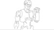 © derplan13 - Robot with raised arm. Clenched fist of mechanical man. Robot android gesture of victory and fight. One continuous line. Line art. Minimum one line. White background. One line drawing.