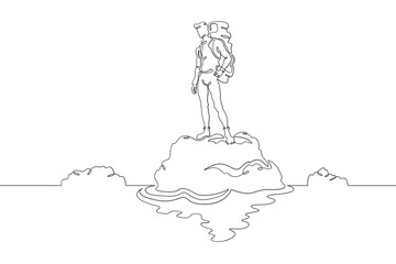 Wall Mural - Tourist with a backpack. A hiker is reflected in water. A man with a backpack on the river bank. One continuous line. Line art. Minimum one line. White background. One line drawing.